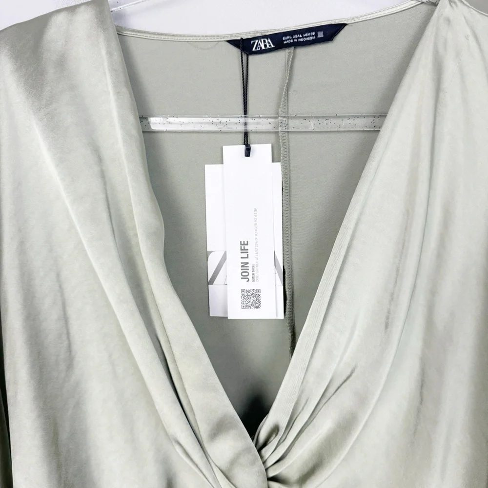 ZARA | NEW Sage Green Twist Front Cropped Bell Sleeve Top Women’s Size Large - Picture 6 of 12